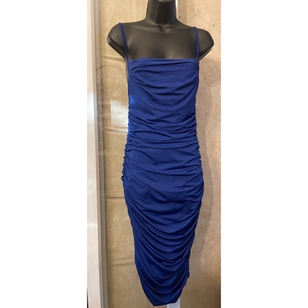 Blue Ruched Spaghetti Knee-Length Dress Size Medium